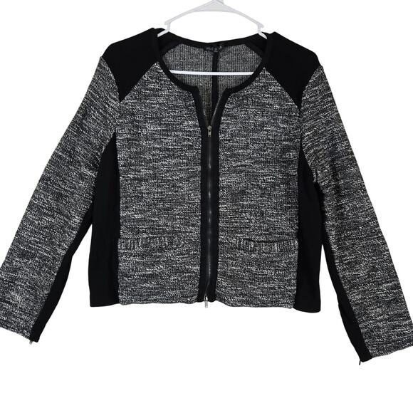 Eileen Fisher Tweed Cropped Jacket Blazer Knit Zip Up Ponte Panels Large 0838 - Picture 1 of 11